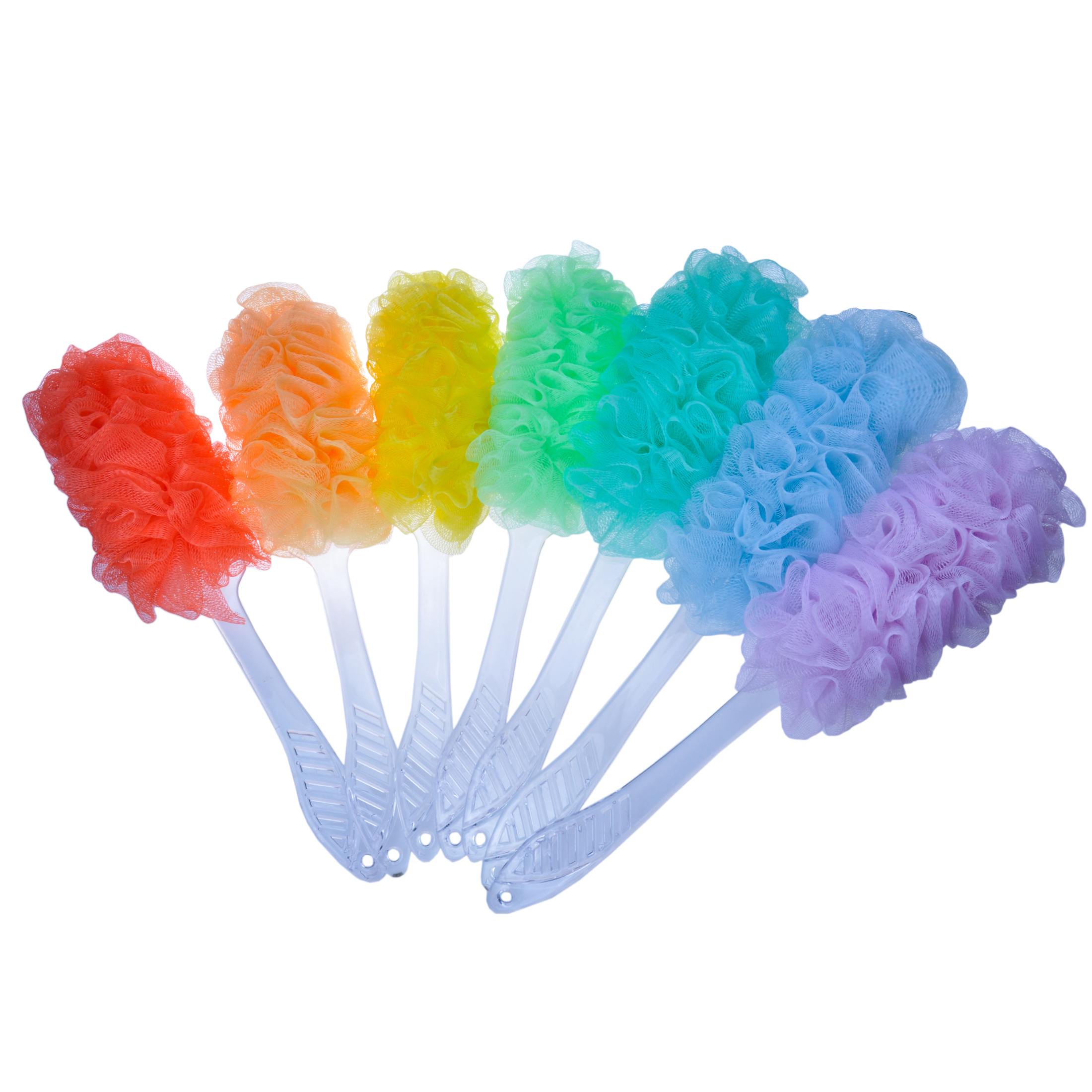 Cepillo de ducha para depurador de baño, cepillos de baño de hojaldre de PE ecológicos con mango largo de plástico TJ024