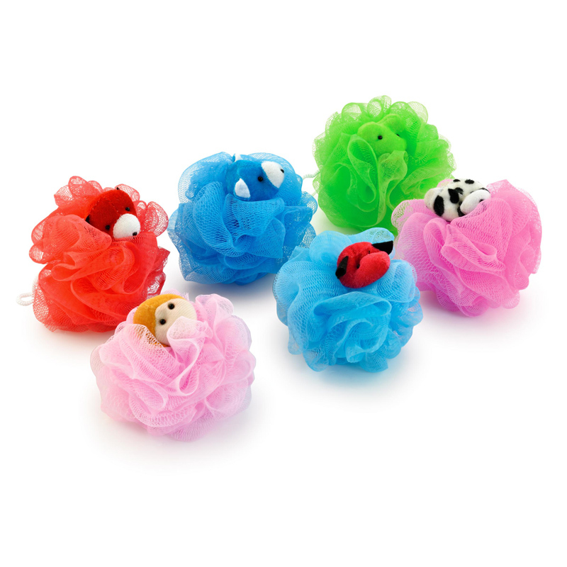 Fabricación al por mayor personalizado colorido animal baño esponja exfoliante baño lufa bola TJ065